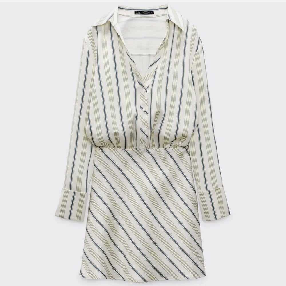 Zara Short Striped Collared Satin Shirt Dress Size S